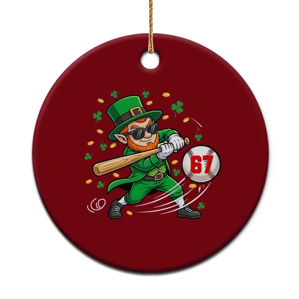 67 St Patricks Day Ceramic Ornament Funny Six Seven Leprechaun Playing Baseball Meme