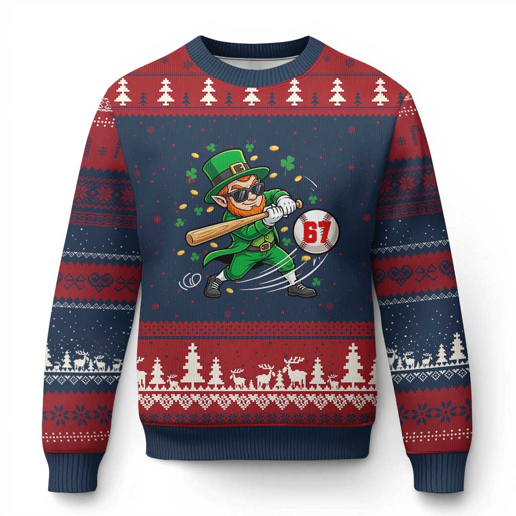 67 St Patricks Day Ugly Christmas Sweater Funny Six Seven Leprechaun Playing Baseball Meme