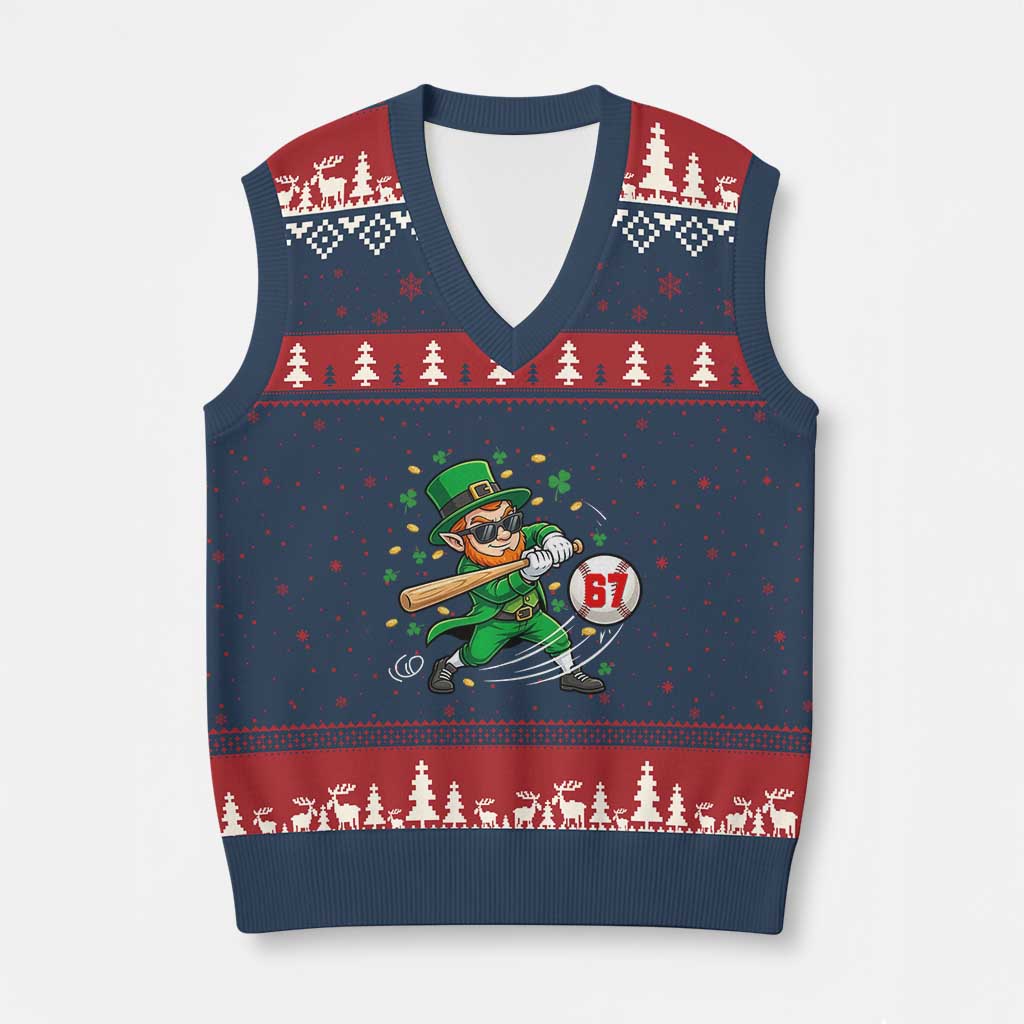 67 St Patricks Day V-Neck Knit Sweater Vest Funny Six Seven Leprechaun Playing Baseball Meme