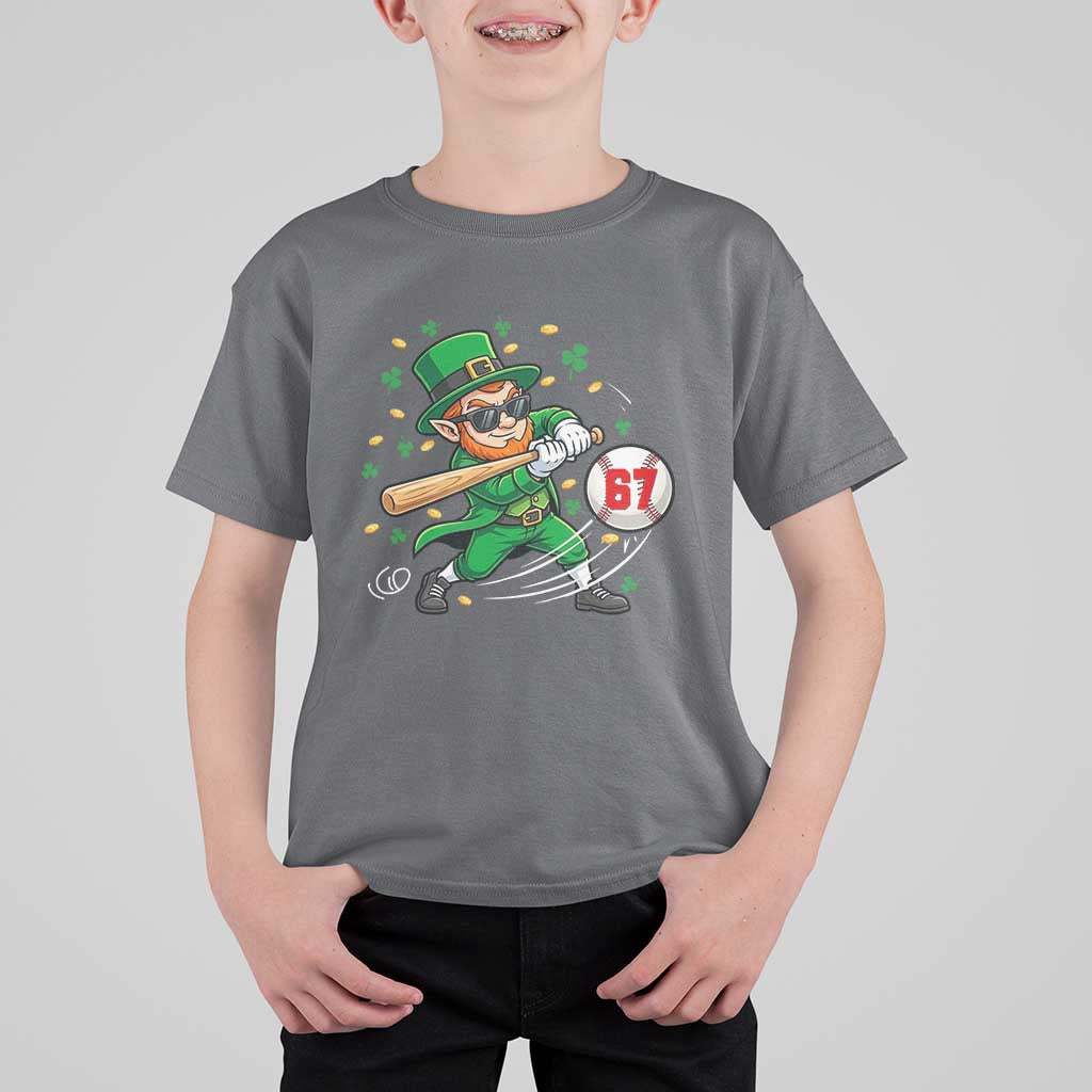 67 St Patricks Day T Shirt For Kid Funny Six Seven Leprechaun Playing Baseball Meme