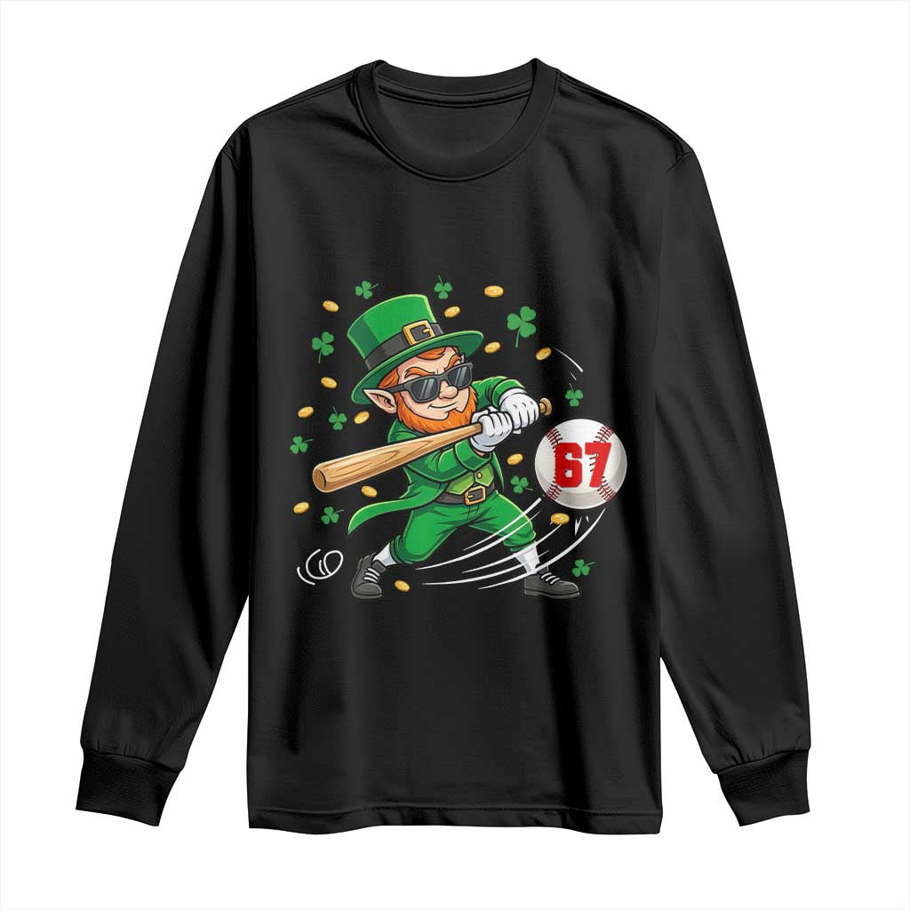 67 St Patricks Day Long Sleeve Shirt Funny Six Seven Leprechaun Playing Baseball Meme