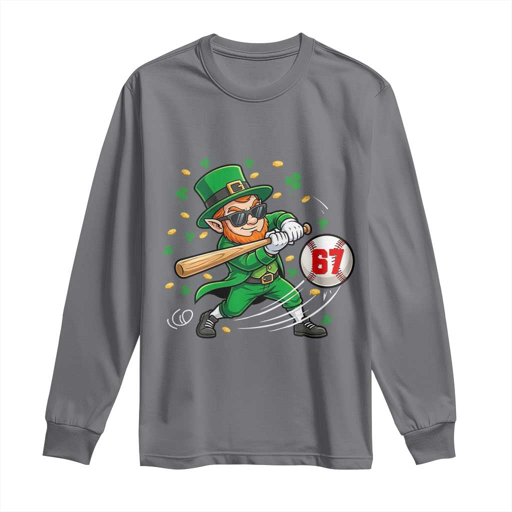 67 St Patricks Day Long Sleeve Shirt Funny Six Seven Leprechaun Playing Baseball Meme