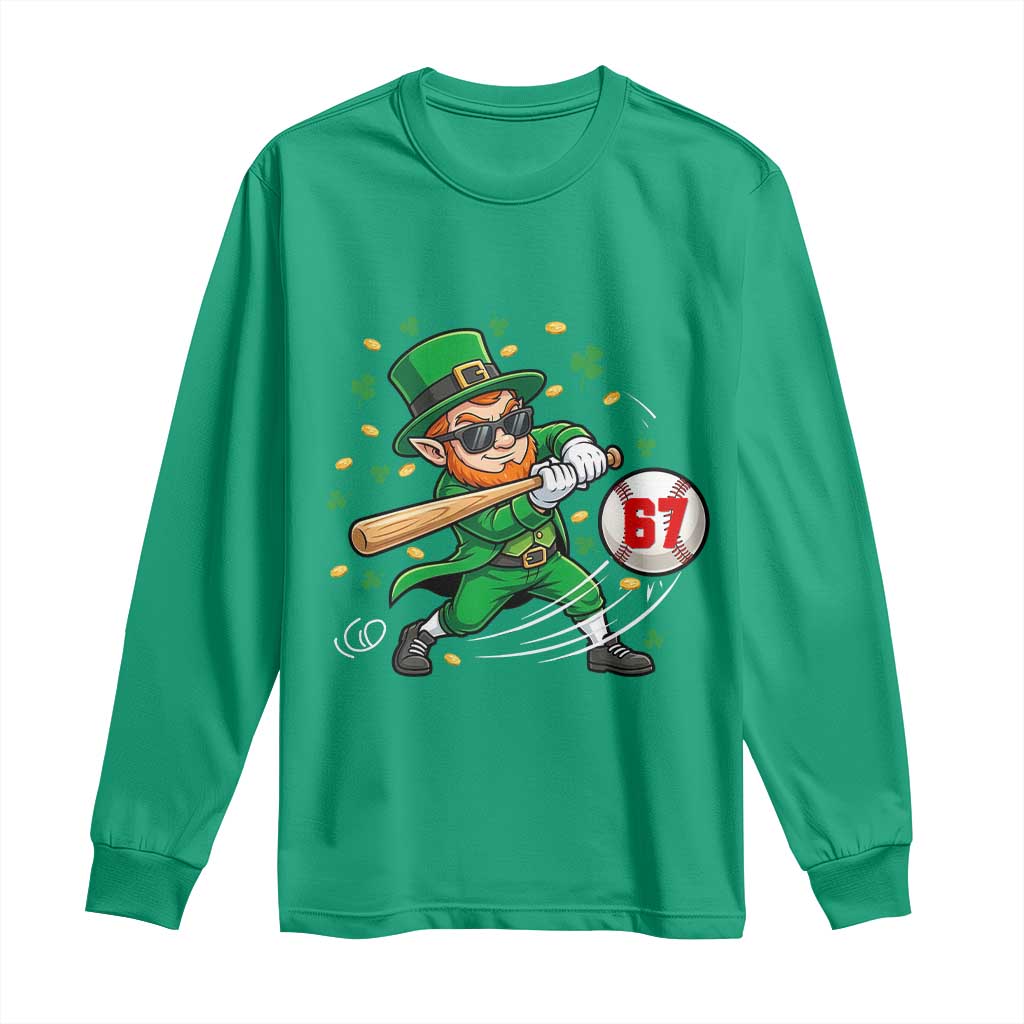 67 St Patricks Day Long Sleeve Shirt Funny Six Seven Leprechaun Playing Baseball Meme