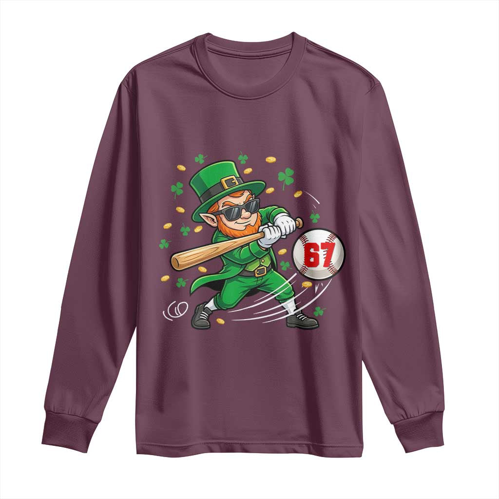 67 St Patricks Day Long Sleeve Shirt Funny Six Seven Leprechaun Playing Baseball Meme
