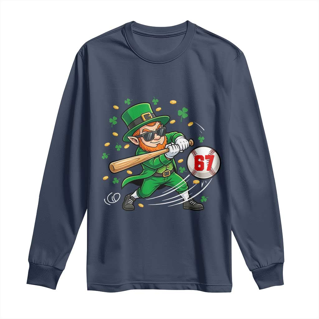 67 St Patricks Day Long Sleeve Shirt Funny Six Seven Leprechaun Playing Baseball Meme