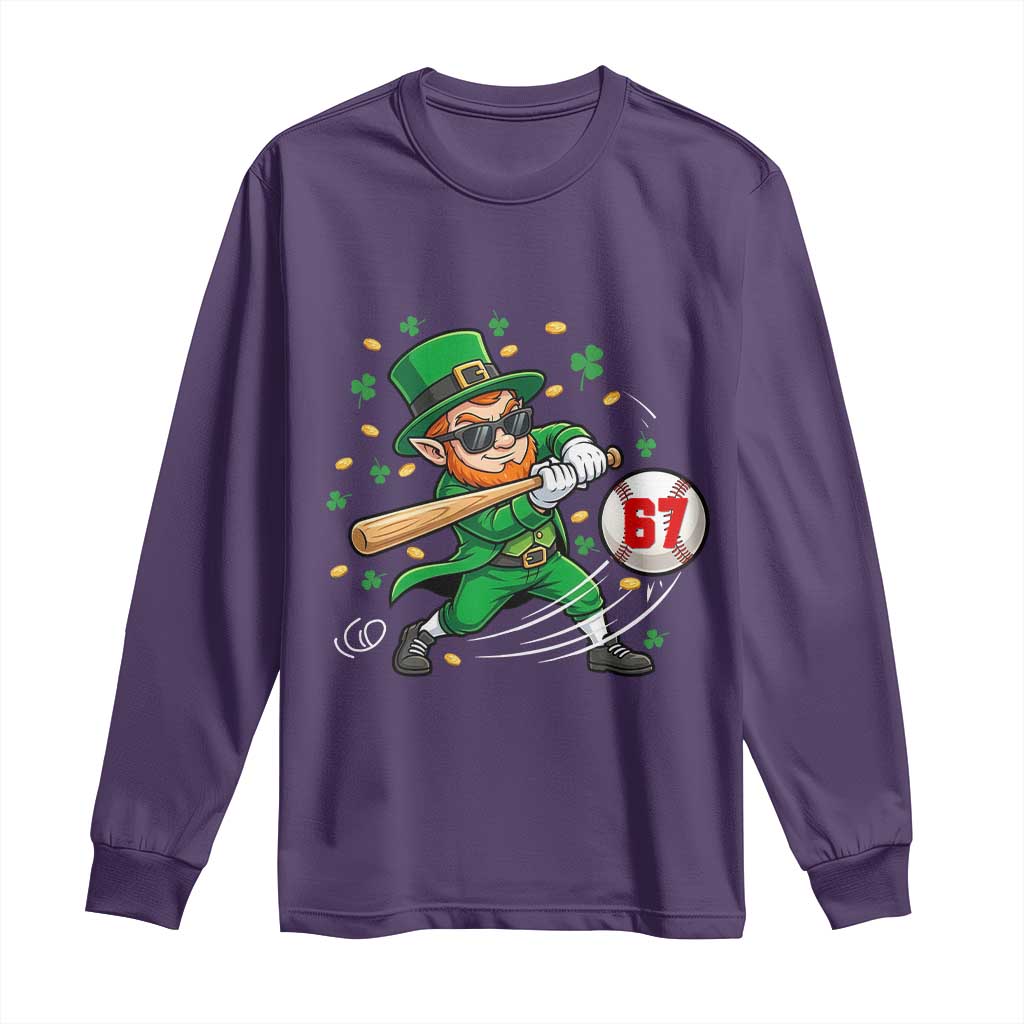 67 St Patricks Day Long Sleeve Shirt Funny Six Seven Leprechaun Playing Baseball Meme