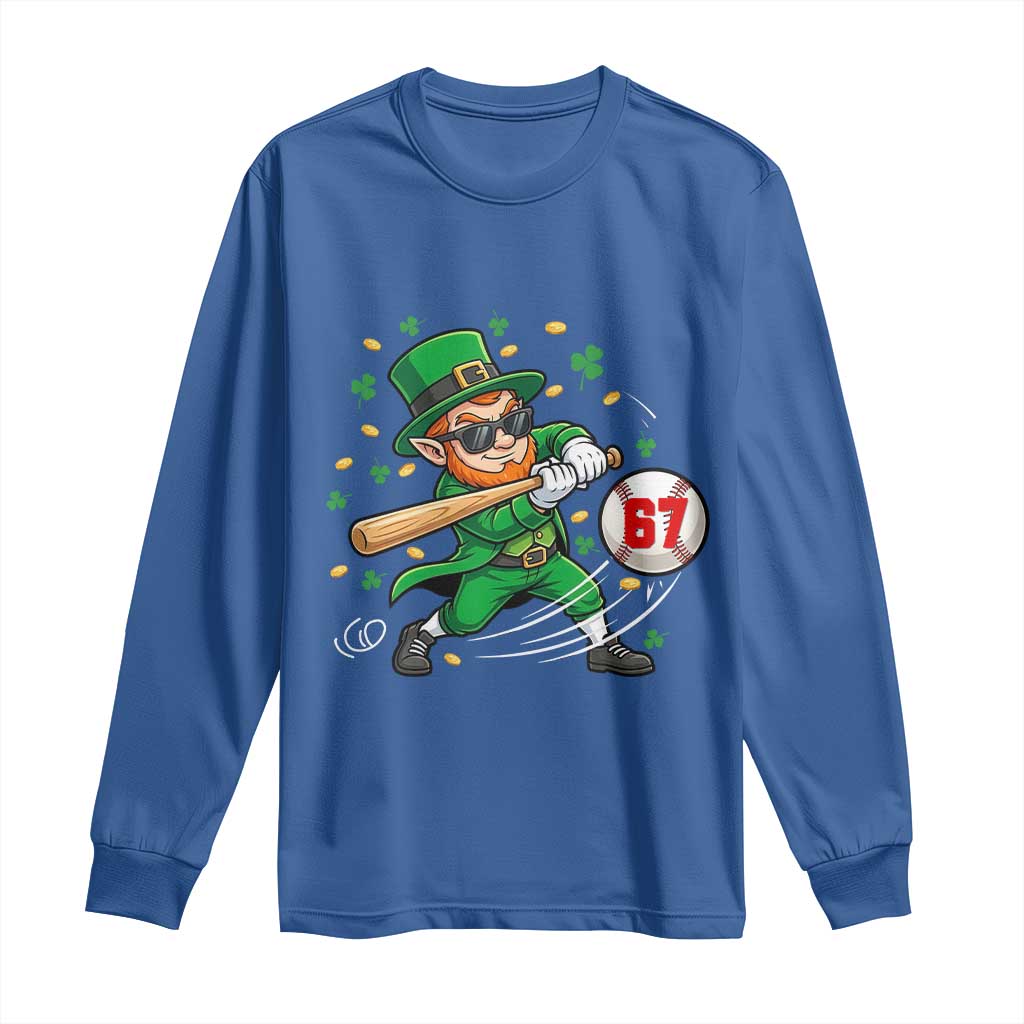 67 St Patricks Day Long Sleeve Shirt Funny Six Seven Leprechaun Playing Baseball Meme
