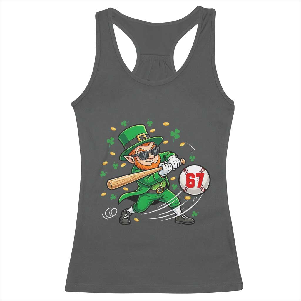 67 St Patricks Day Racerback Tank Top Funny Six Seven Leprechaun Playing Baseball Meme