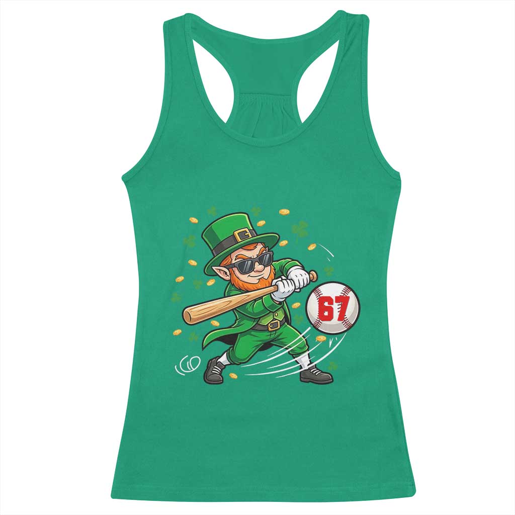 67 St Patricks Day Racerback Tank Top Funny Six Seven Leprechaun Playing Baseball Meme