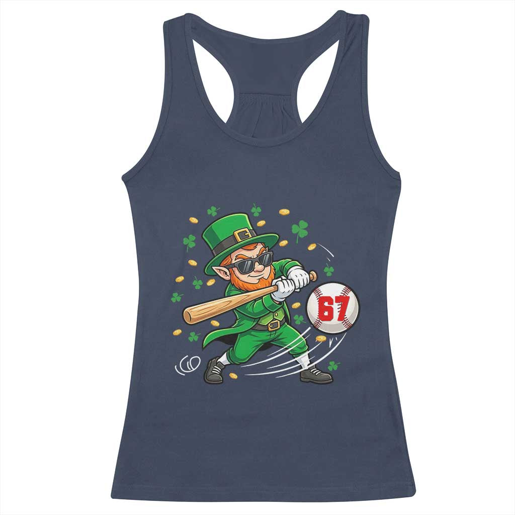 67 St Patricks Day Racerback Tank Top Funny Six Seven Leprechaun Playing Baseball Meme