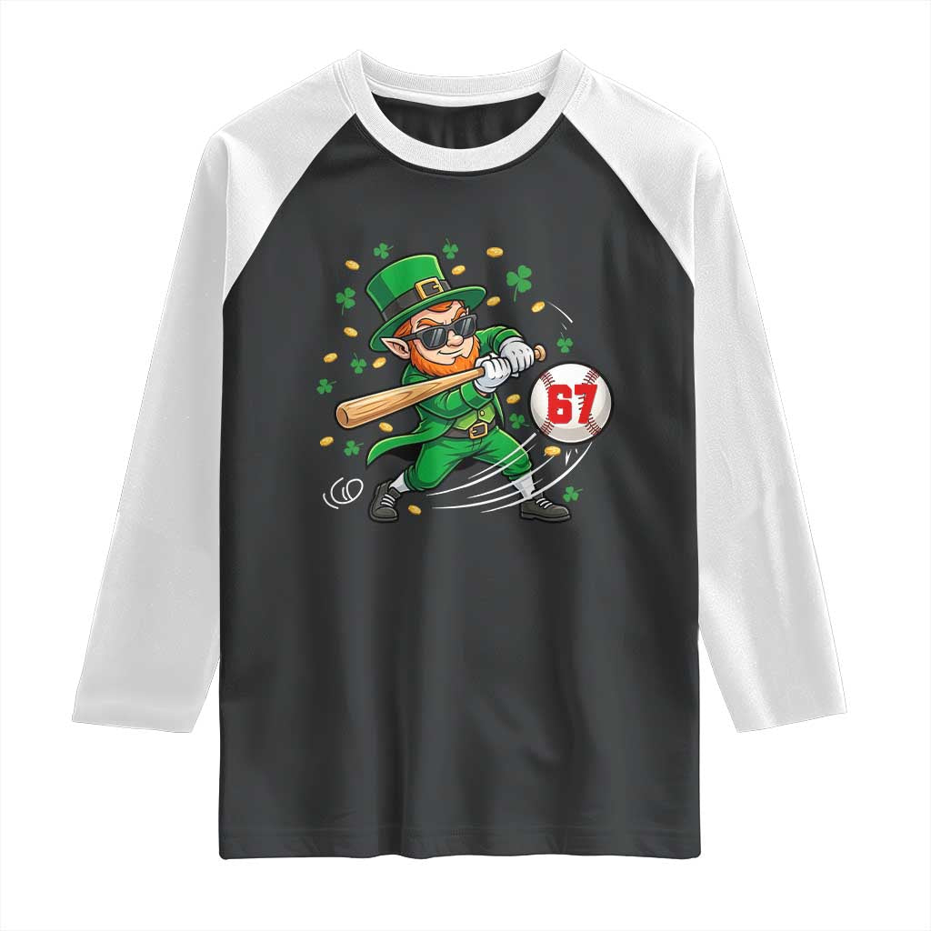 67 St Patricks Day Raglan Shirt Funny Six Seven Leprechaun Playing Baseball Meme