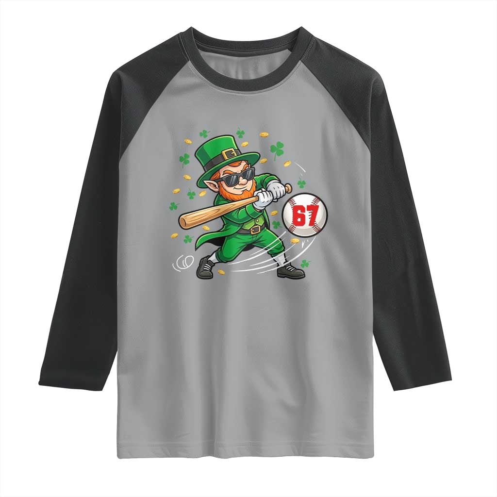 67 St Patricks Day Raglan Shirt Funny Six Seven Leprechaun Playing Baseball Meme