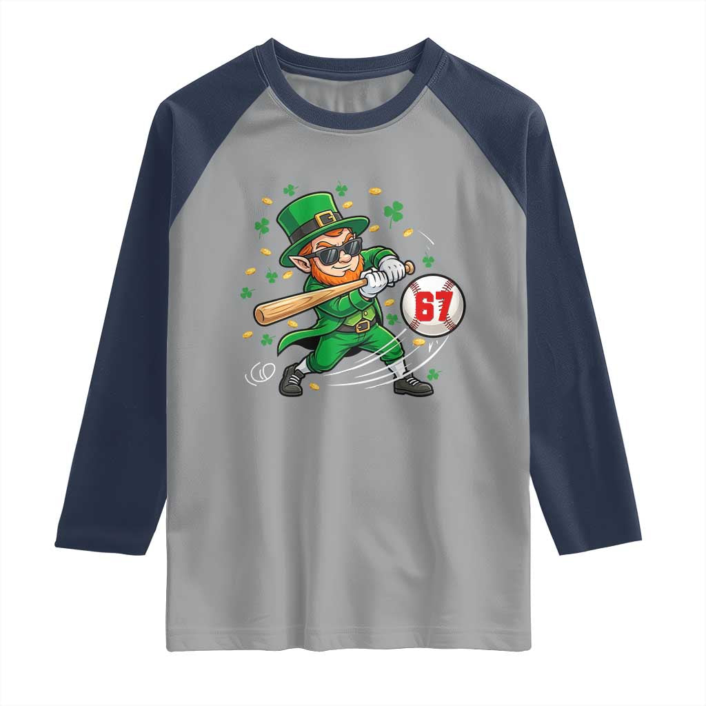 67 St Patricks Day Raglan Shirt Funny Six Seven Leprechaun Playing Baseball Meme
