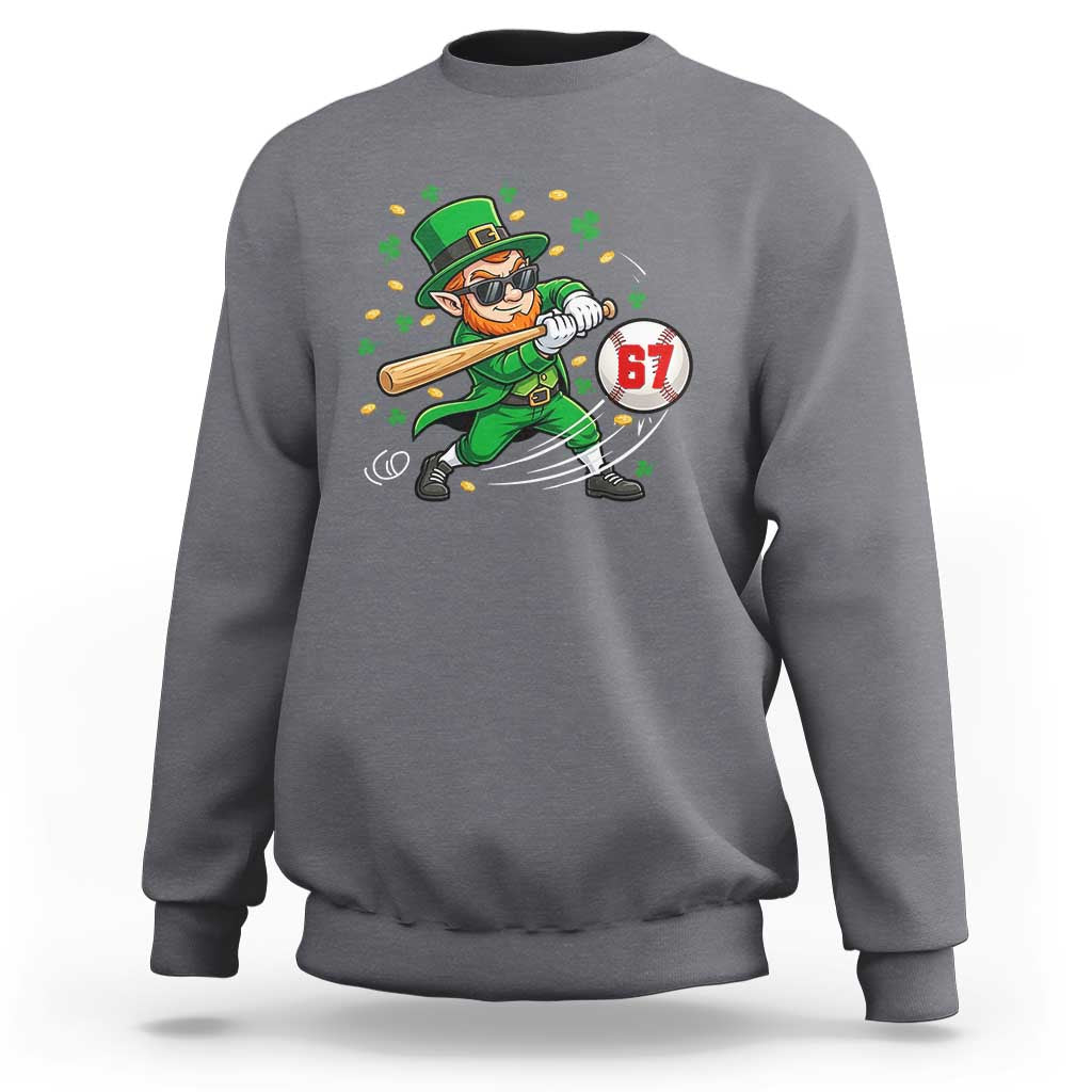 67 St Patricks Day Sweatshirt Funny Six Seven Leprechaun Playing Baseball Meme