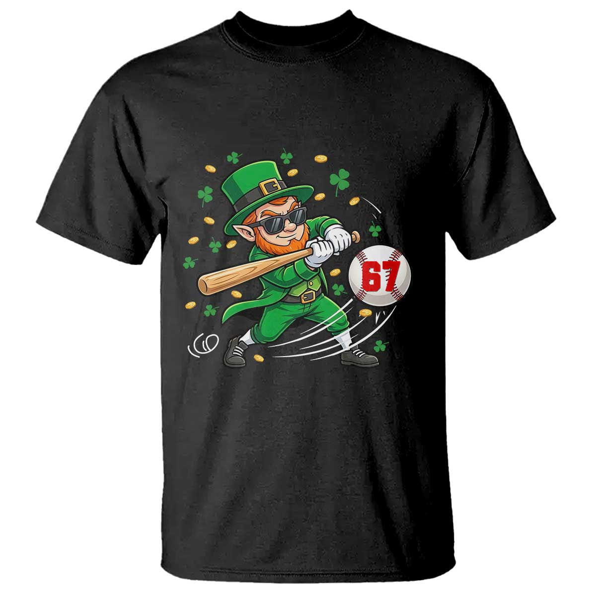 67 St Patricks Day T Shirt Funny Six Seven Leprechaun Playing Baseball Meme