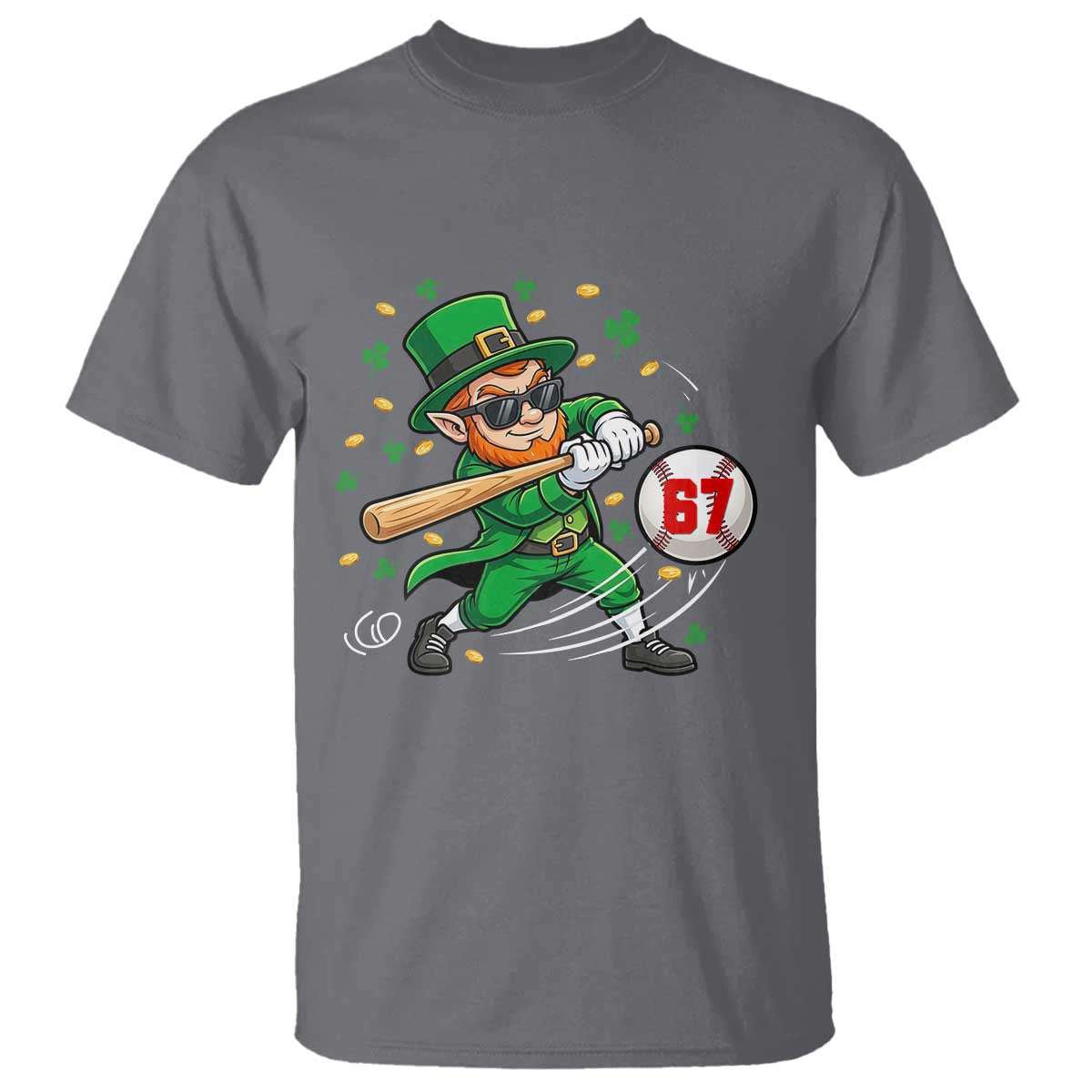 67 St Patricks Day T Shirt Funny Six Seven Leprechaun Playing Baseball Meme