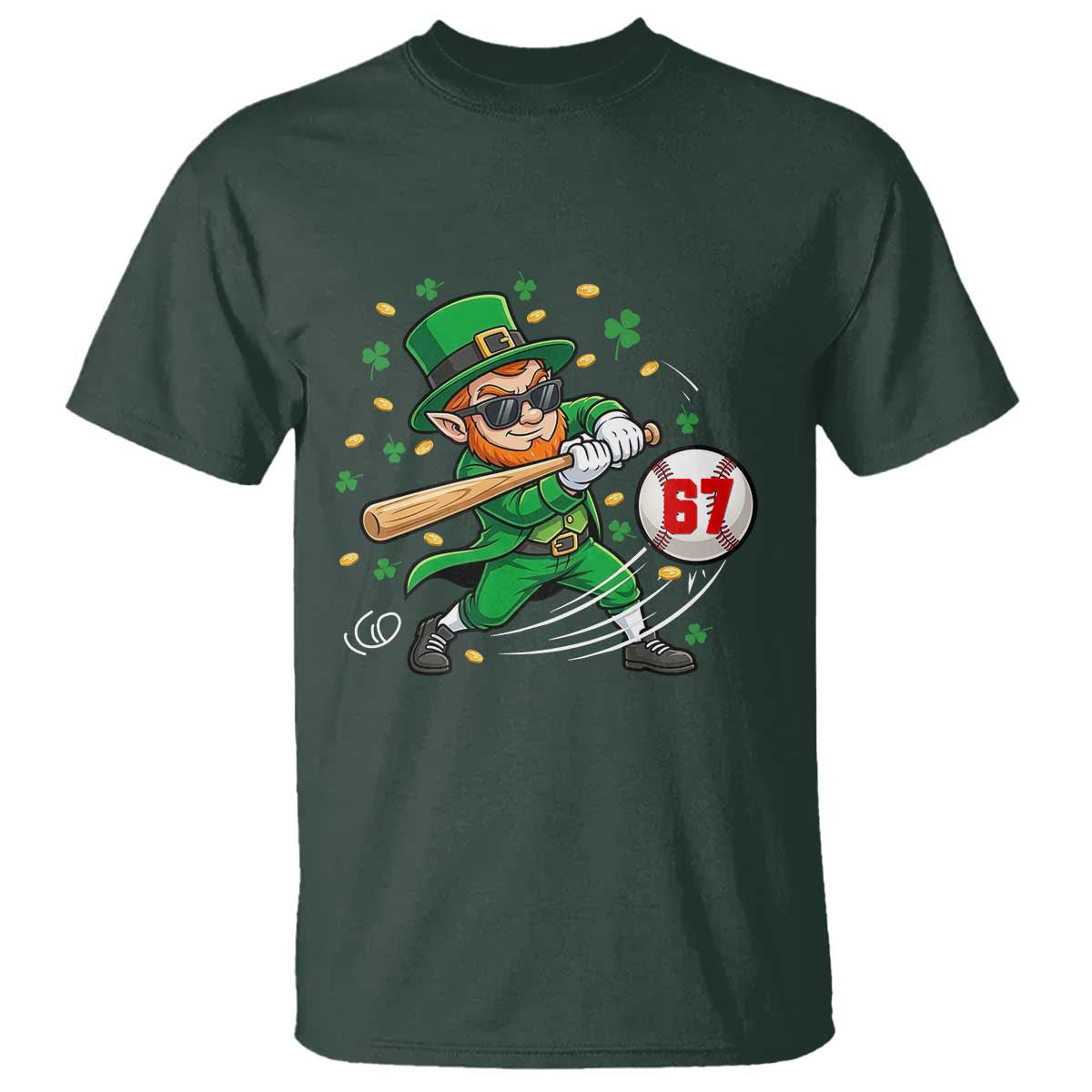 67 St Patricks Day T Shirt Funny Six Seven Leprechaun Playing Baseball Meme