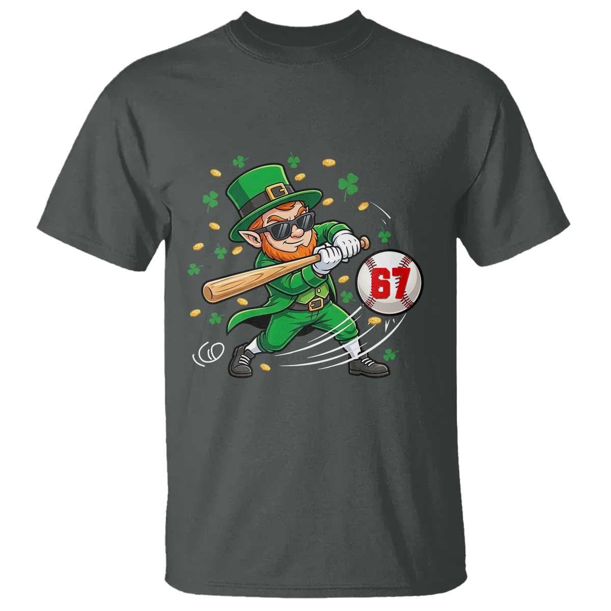 67 St Patricks Day T Shirt Funny Six Seven Leprechaun Playing Baseball Meme
