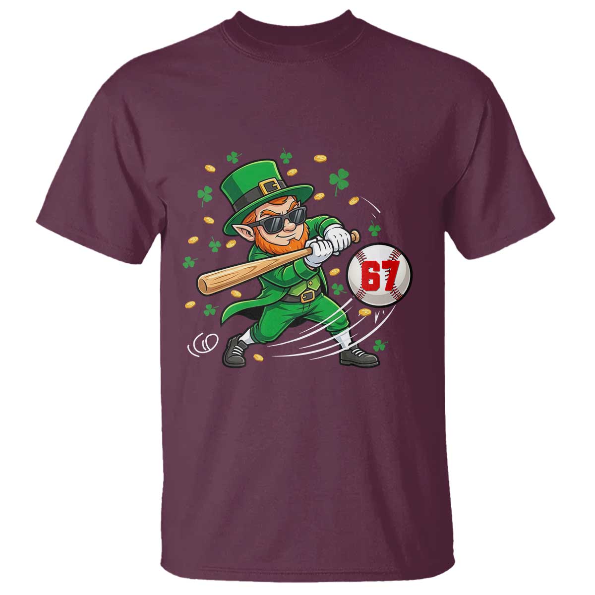 67 St Patricks Day T Shirt Funny Six Seven Leprechaun Playing Baseball Meme