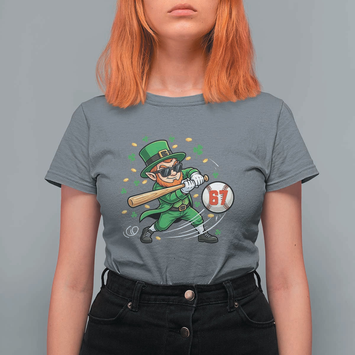 67 St Patricks Day T Shirt For Women Funny Six Seven Leprechaun Playing Baseball Meme