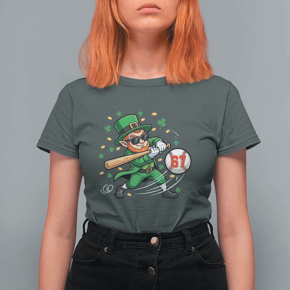 67 St Patricks Day T Shirt For Women Funny Six Seven Leprechaun Playing Baseball Meme