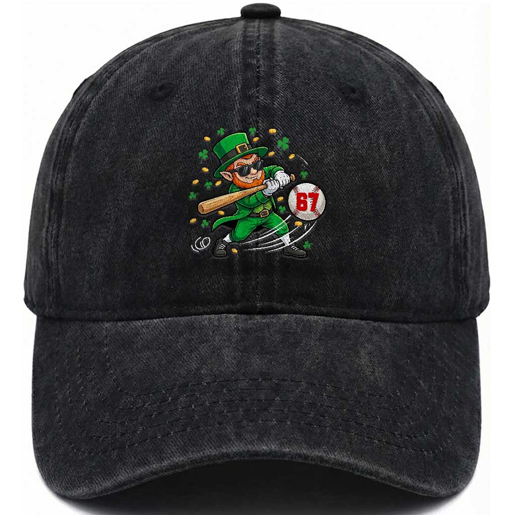 67 St Patricks Day Washed Cotton Baseball Cap Funny Six Seven Leprechaun Playing Baseball Meme