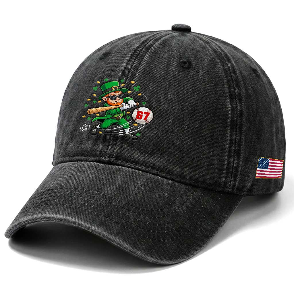 67 St Patricks Day Washed Cotton Baseball Cap Funny Six Seven Leprechaun Playing Baseball Meme