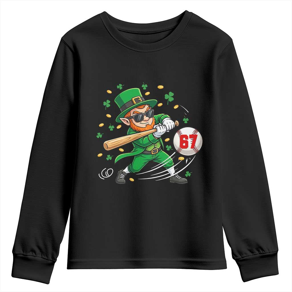 67 St Patricks Day Youth Sweatshirt Funny Six Seven Leprechaun Playing Baseball Meme