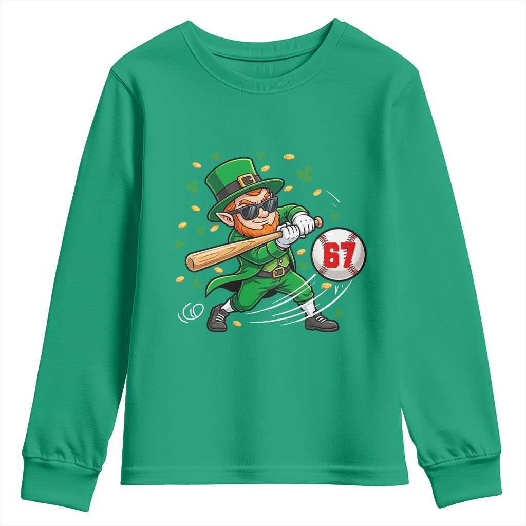 67 St Patricks Day Youth Sweatshirt Funny Six Seven Leprechaun Playing Baseball Meme