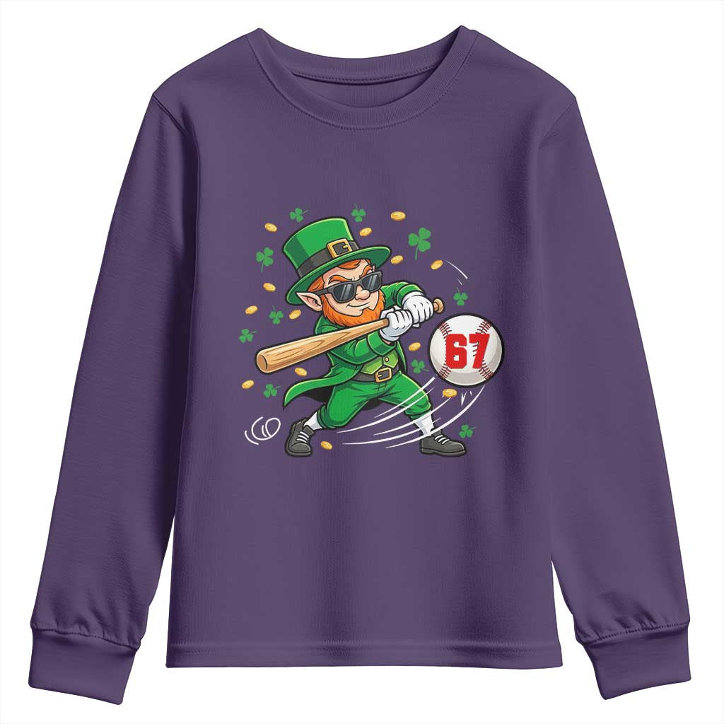 67 St Patricks Day Youth Sweatshirt Funny Six Seven Leprechaun Playing Baseball Meme