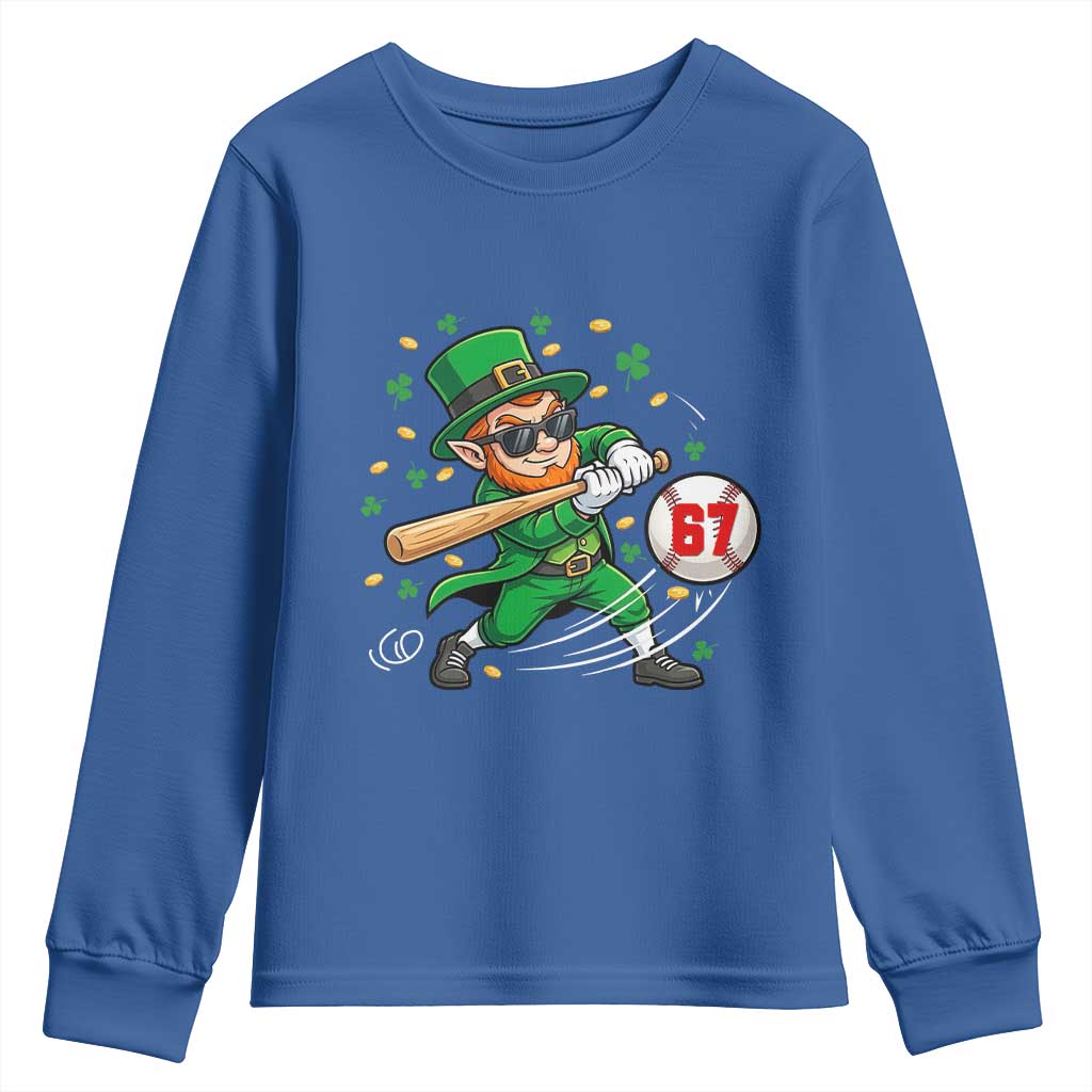 67 St Patricks Day Youth Sweatshirt Funny Six Seven Leprechaun Playing Baseball Meme