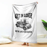 Get In Loser We're Late For Easter Throw Blanket Funny Easter Raccoon Frog Goose Humor