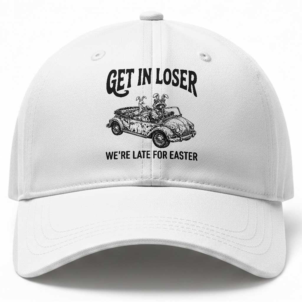 Get In Loser We're Late For Easter Baseball Cap Funny Easter Raccoon Frog Goose Humor