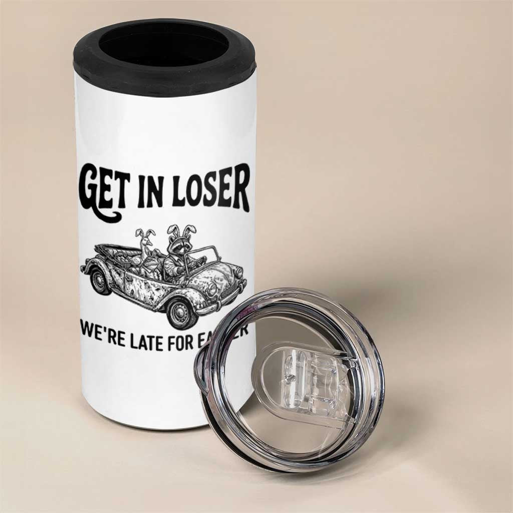Get In Loser We're Late For Easter 4 in 1 Can Cooler Tumbler Funny Easter Raccoon Frog Goose Humor