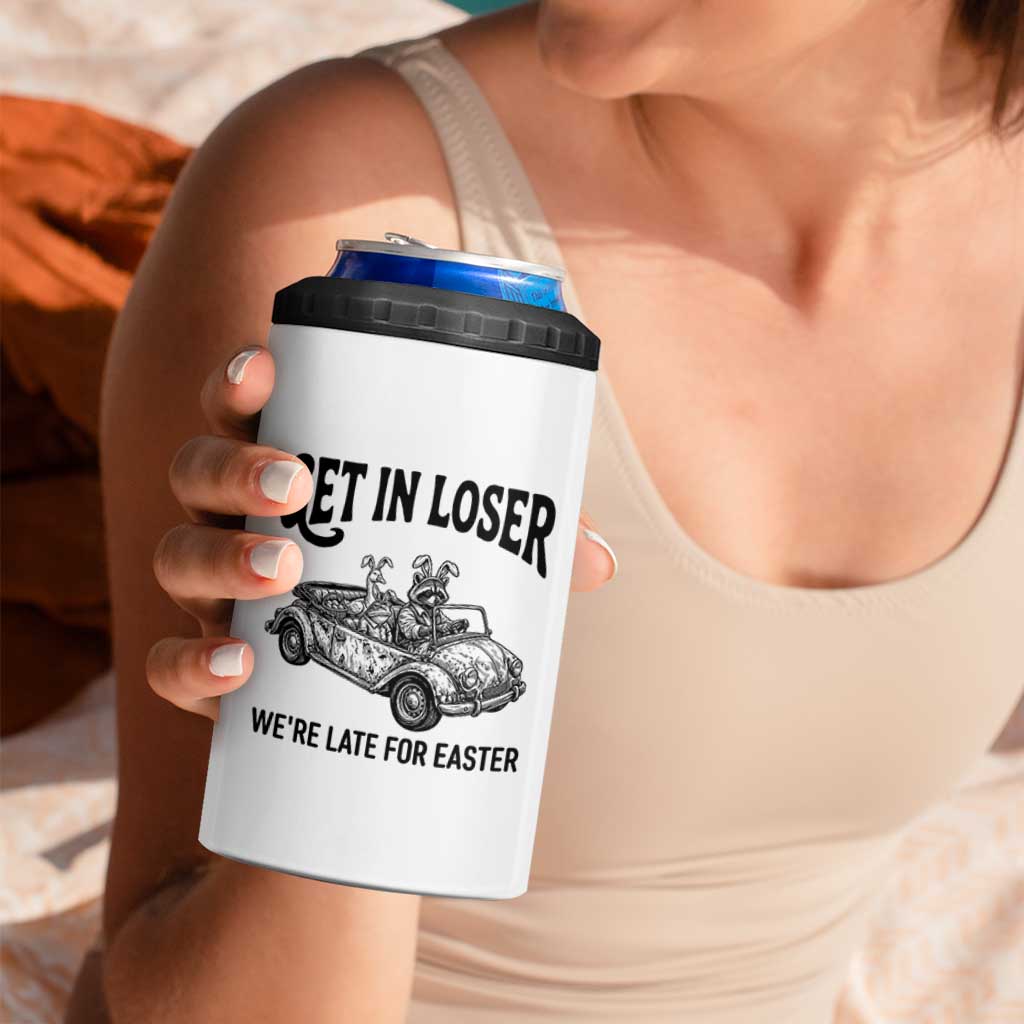Get In Loser We're Late For Easter 4 in 1 Can Cooler Tumbler Funny Easter Raccoon Frog Goose Humor