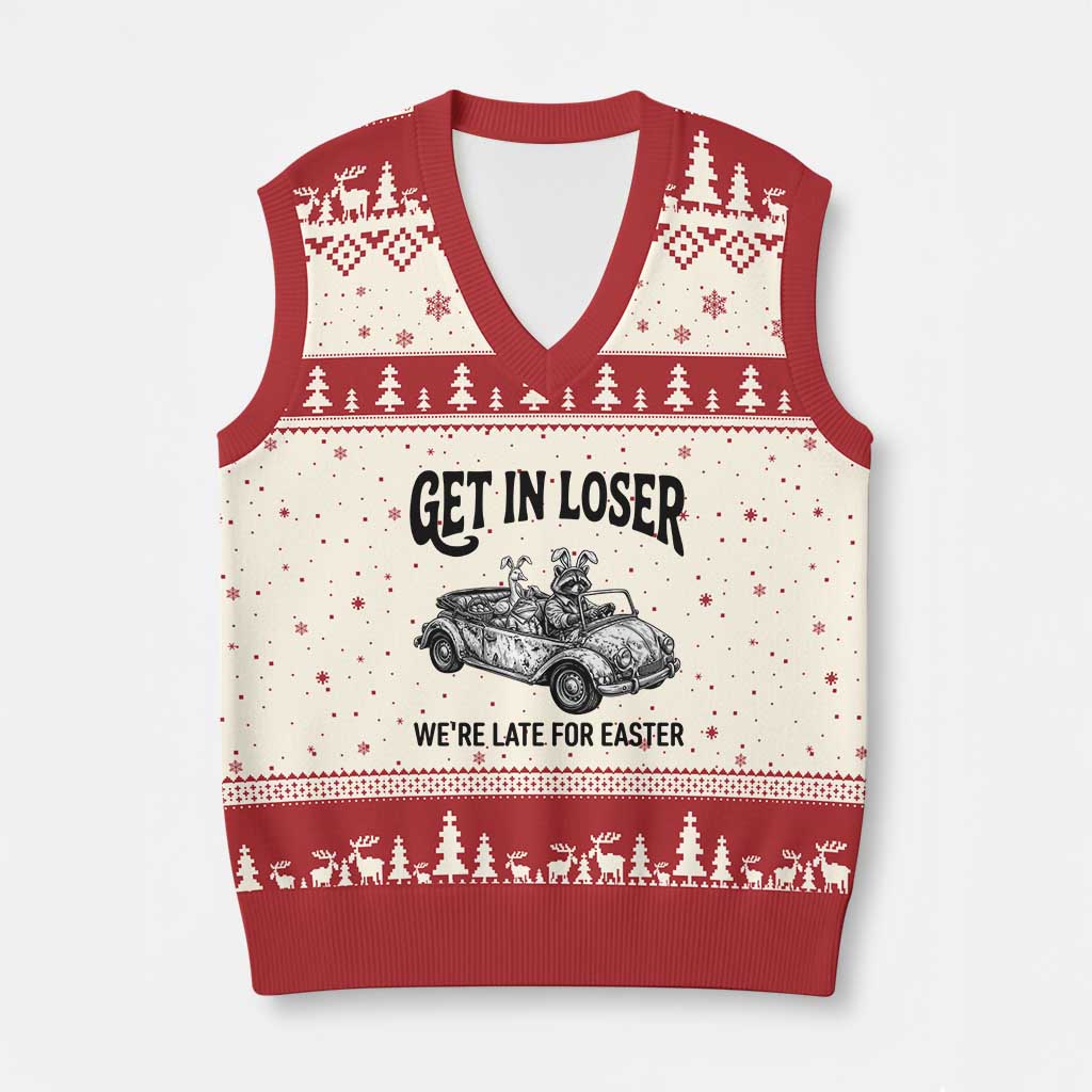 Get In Loser We're Late For Easter V-Neck Knit Sweater Vest Funny Easter Raccoon Frog Goose Humor