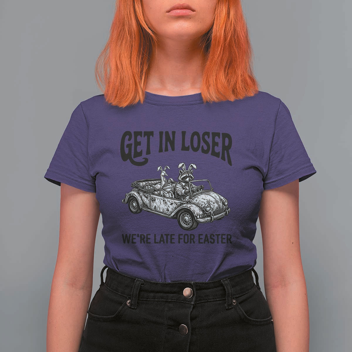 Get In Loser We're Late For Easter T Shirt For Women Funny Easter Raccoon Frog Goose Humor
