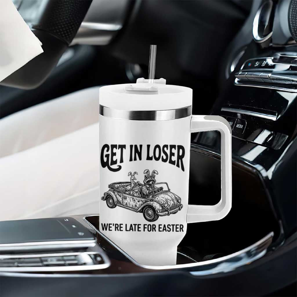 Get In Loser We're Late For Easter Tumbler With Handle Funny Easter Raccoon Frog Goose Humor