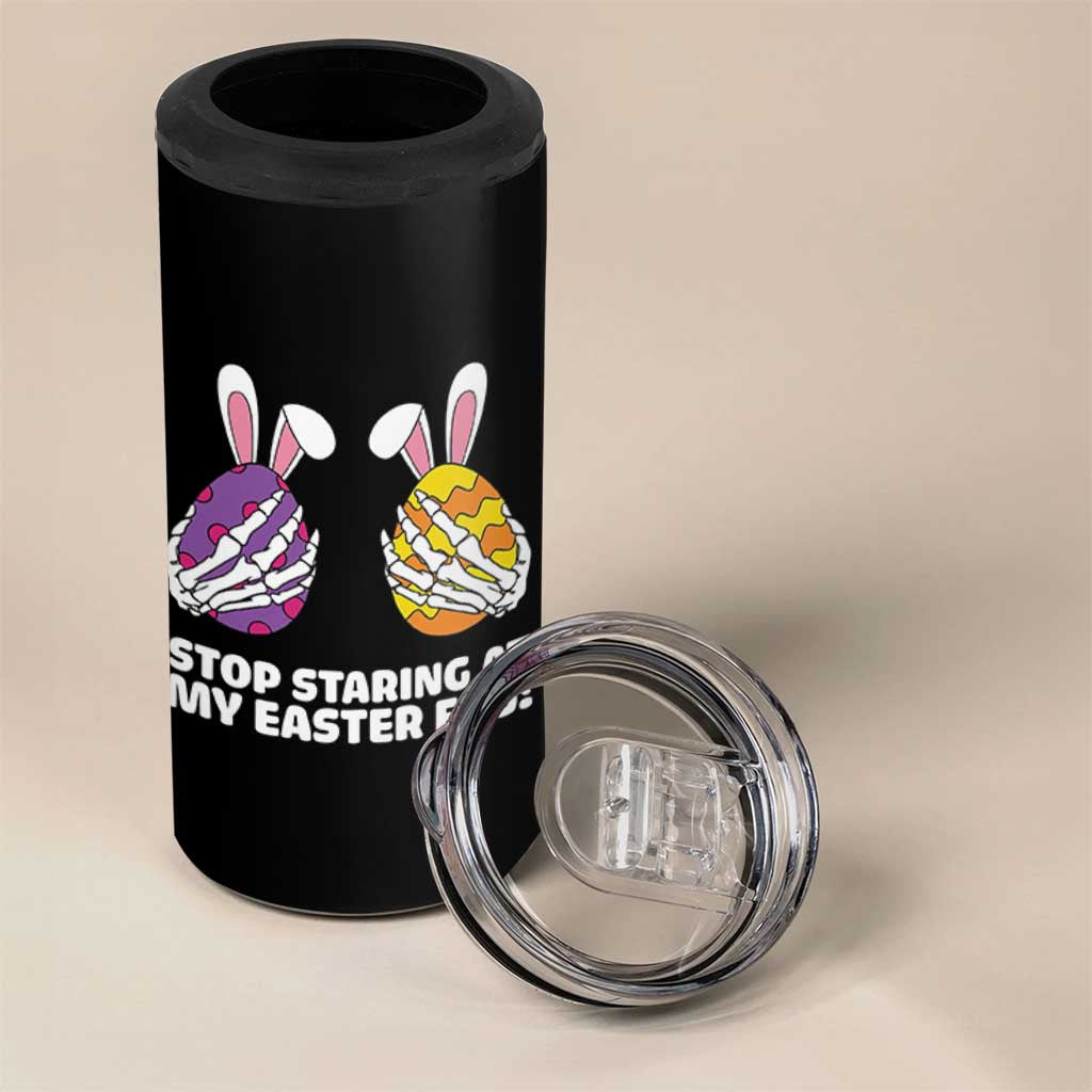 Stop Staring at My Easter Eggs 4 in 1 Can Cooler Tumbler Funny Skeleton Bunny Easter
