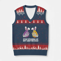 Stop Staring at My Easter Eggs V-Neck Knit Sweater Vest Funny Skeleton Bunny Easter