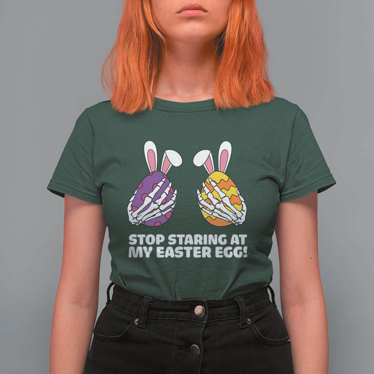 Stop Staring at My Easter Eggs T Shirt For Women Funny Skeleton Bunny Easter