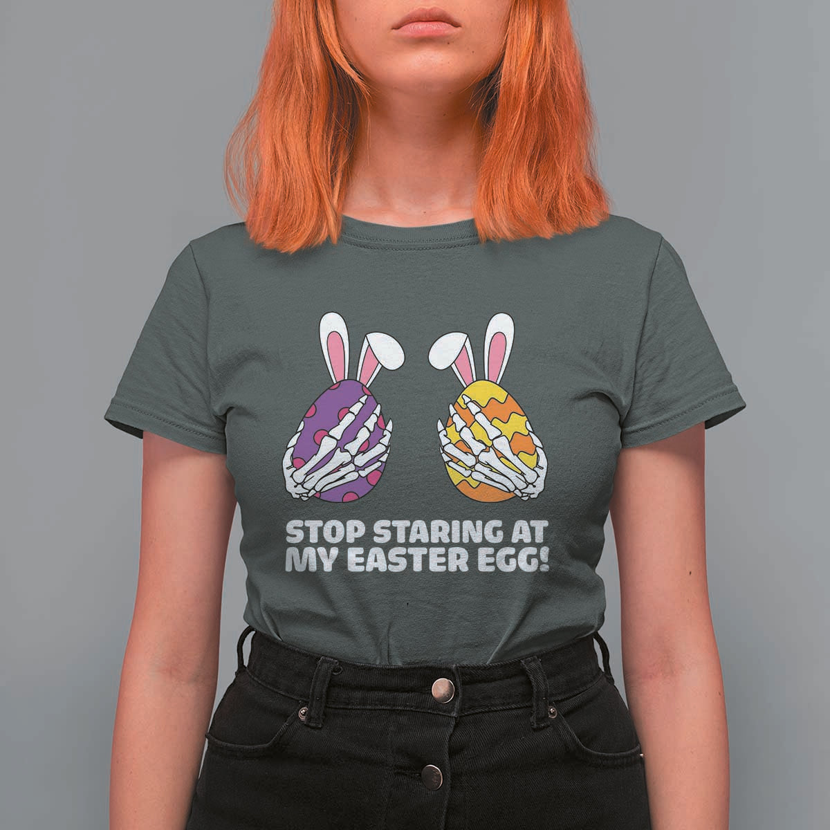 Stop Staring at My Easter Eggs T Shirt For Women Funny Skeleton Bunny Easter