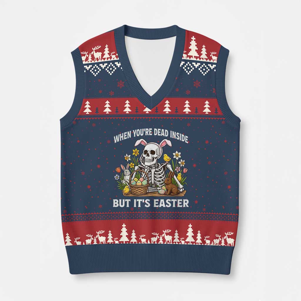 Funny Easter Skeleton V-Neck Knit Sweater Vest When You're Dead Inside But It's Easter