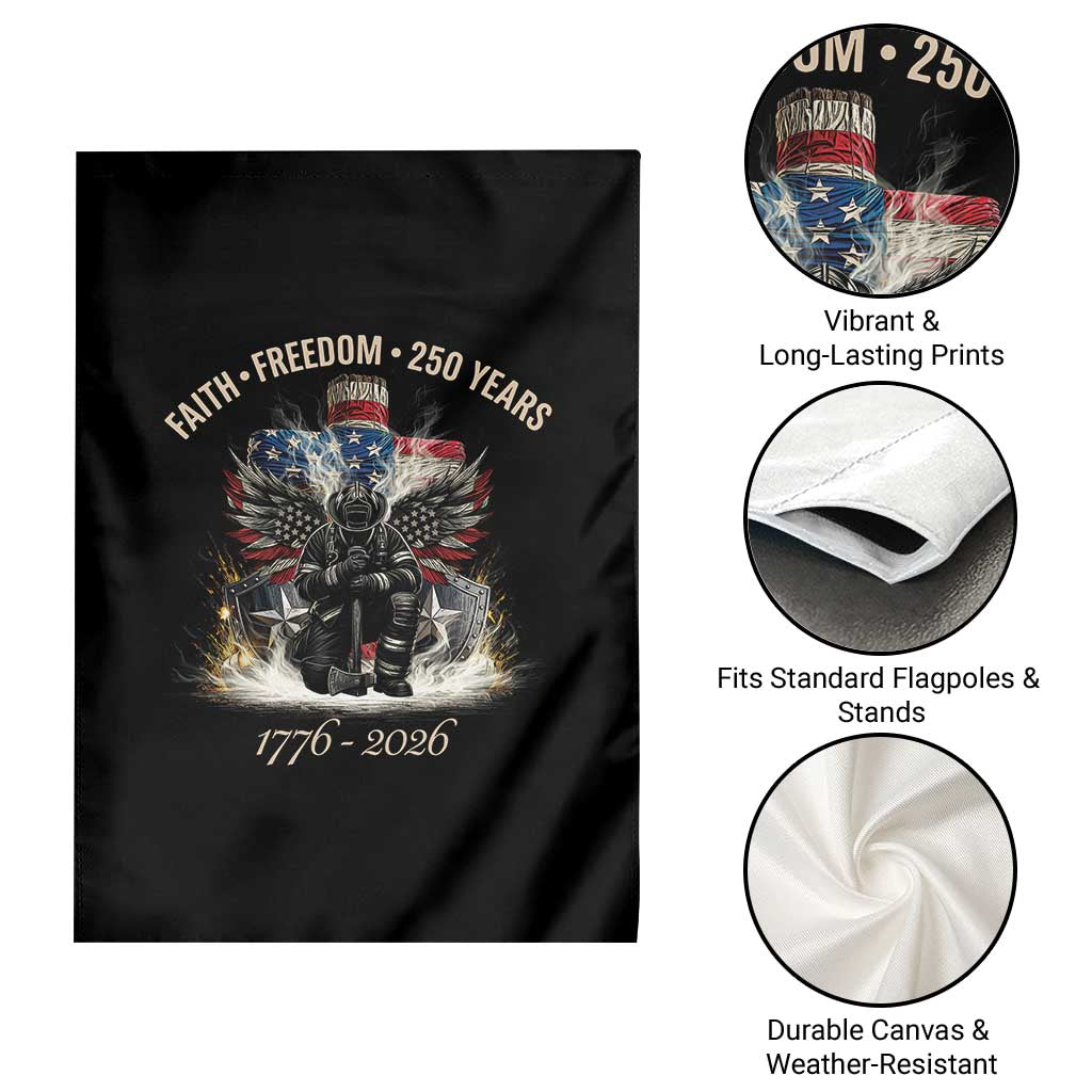 Fireman 250 Years of America Garden Flag Faith Freedom Firefighter American Flag Cross