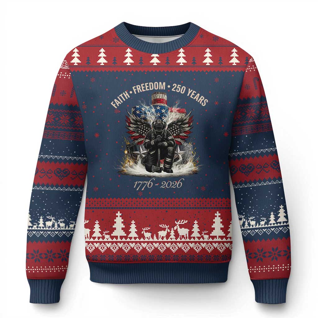 Fireman 250 Years of America Ugly Christmas Sweater Faith Freedom Firefighter American Flag Cross