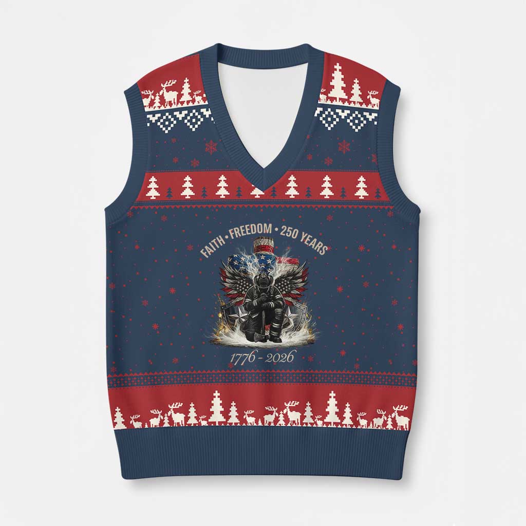 Fireman 250 Years of America V-Neck Knit Sweater Vest Faith Freedom Firefighter American Flag Cross