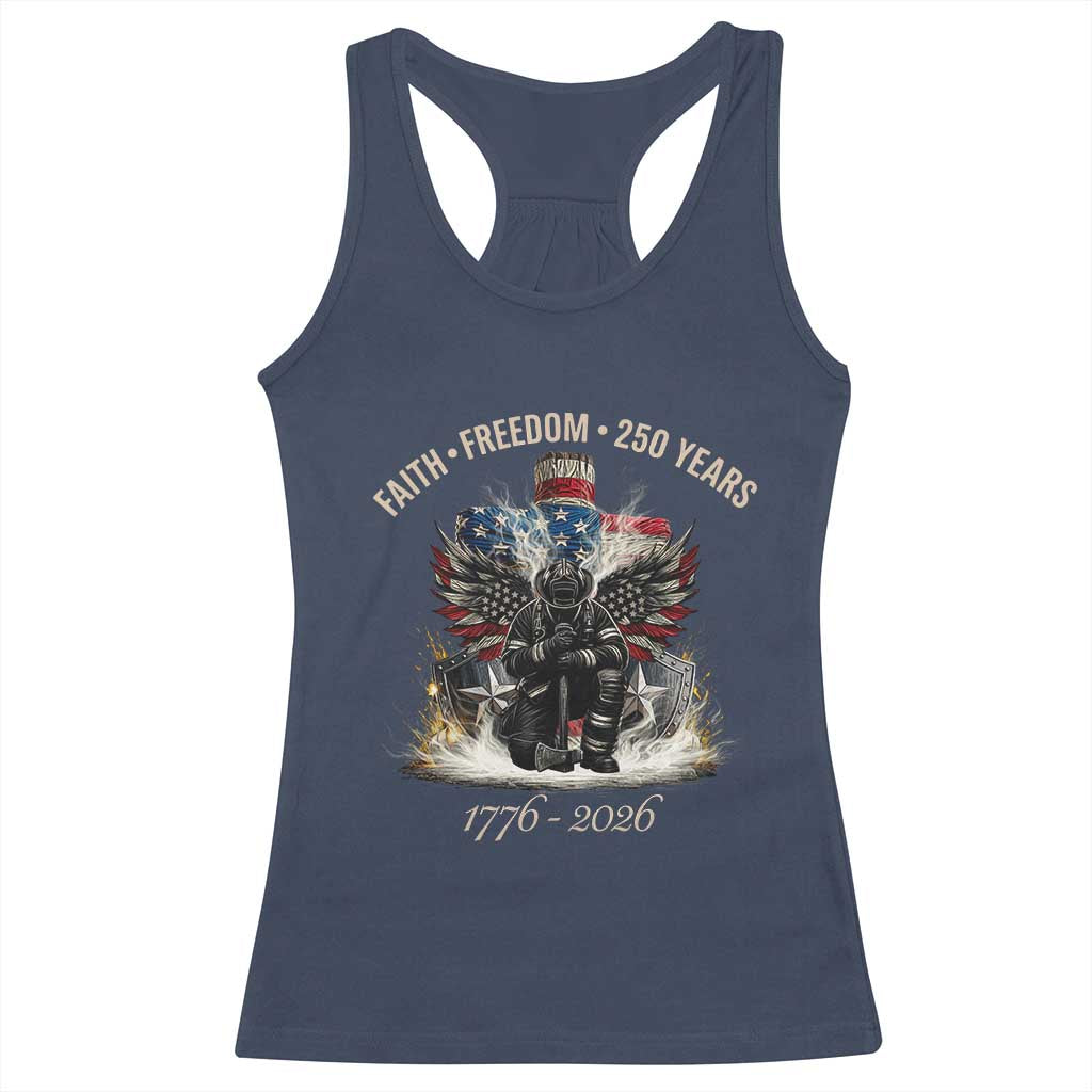 Fireman 250 Years of America Racerback Tank Top Faith Freedom Firefighter American Flag Cross