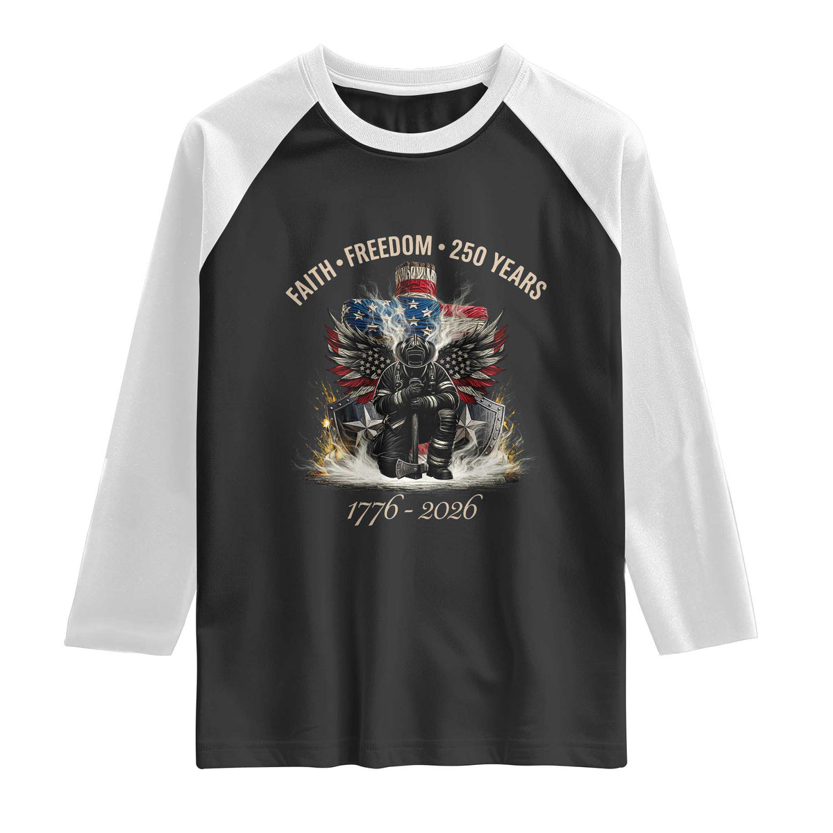 Fireman 250 Years of America Raglan Shirt Faith Freedom Firefighter American Flag Cross