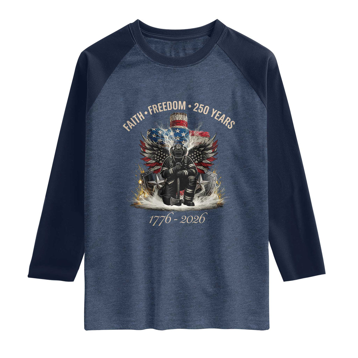 Fireman 250 Years of America Raglan Shirt Faith Freedom Firefighter American Flag Cross