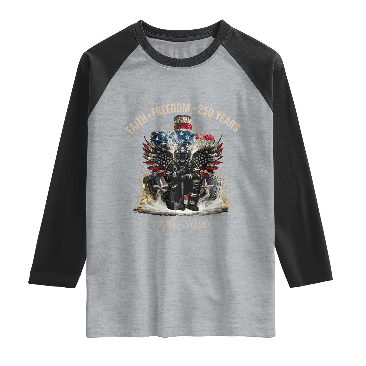 Fireman 250 Years of America Raglan Shirt Faith Freedom Firefighter American Flag Cross
